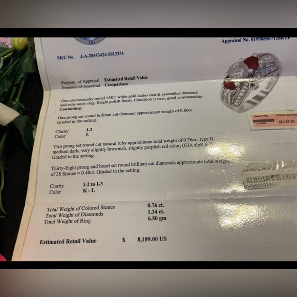 14K DIAMOND / RUBY RING /SZ 7 INCL AIG GEM REPORT APPRAISAL - Picture 5 of 14